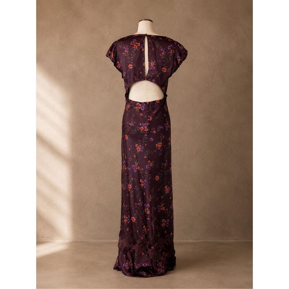 Free People Sz L Butterfly Babe Maxi Dress Floral Satin Lace Cutout Burgundy Pur - Picture 5 of 15
